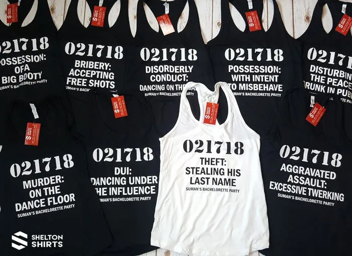 Bachelorette Mugshot Lineup with Crimes Funny Custom Party Racerback Tank Tops