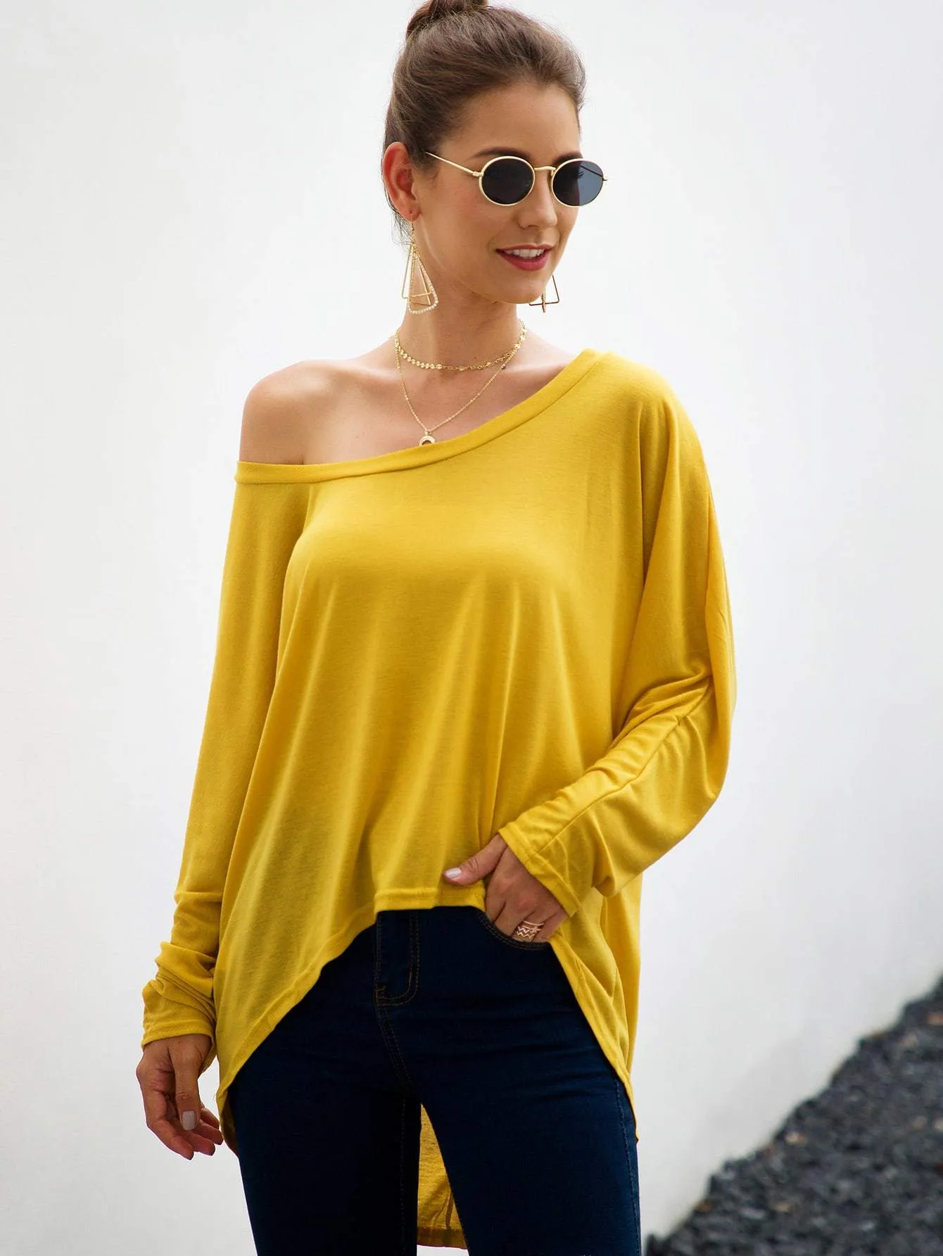 Batwing Sleeve High Low Solid Tee