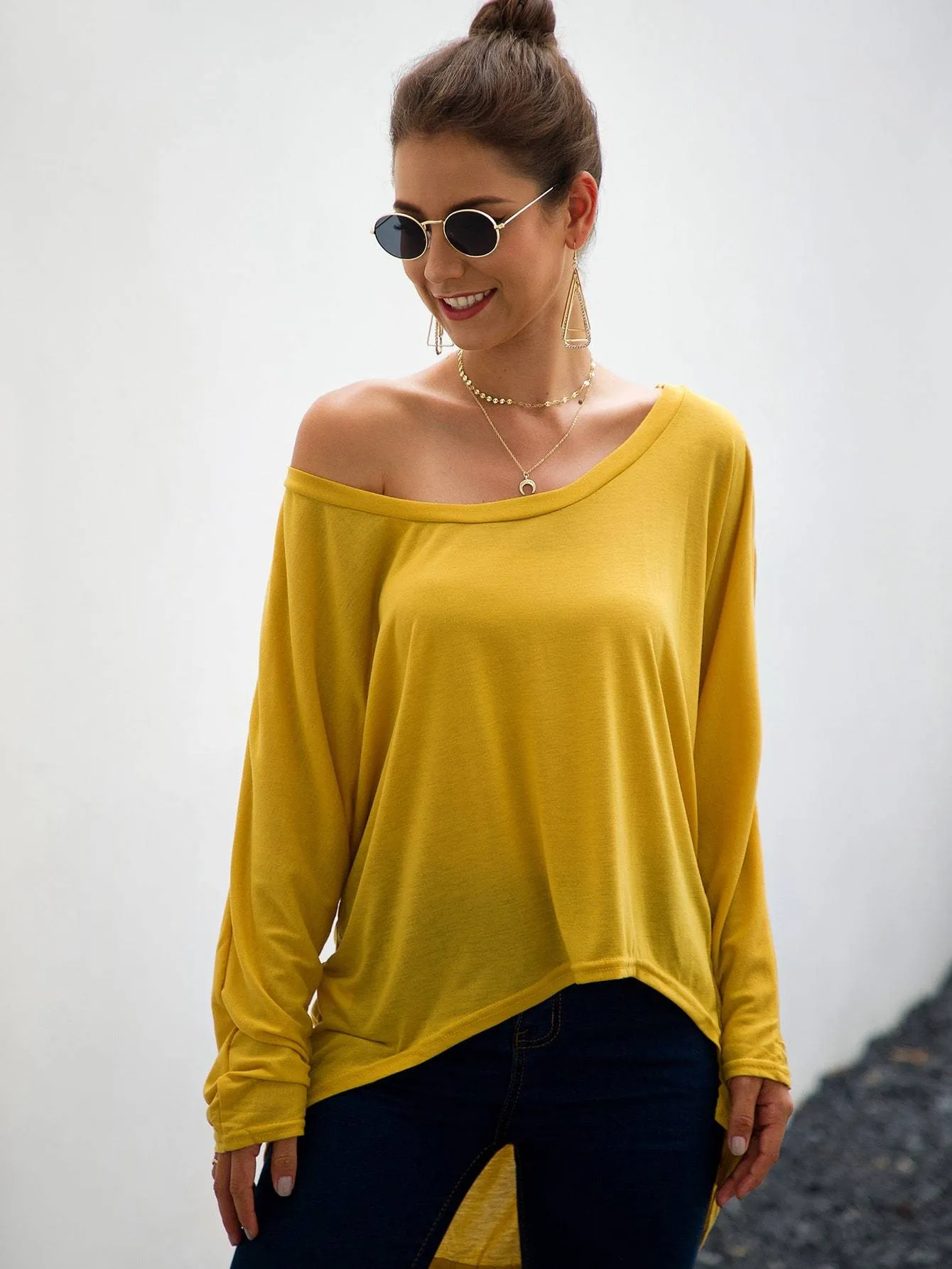 Batwing Sleeve High Low Solid Tee