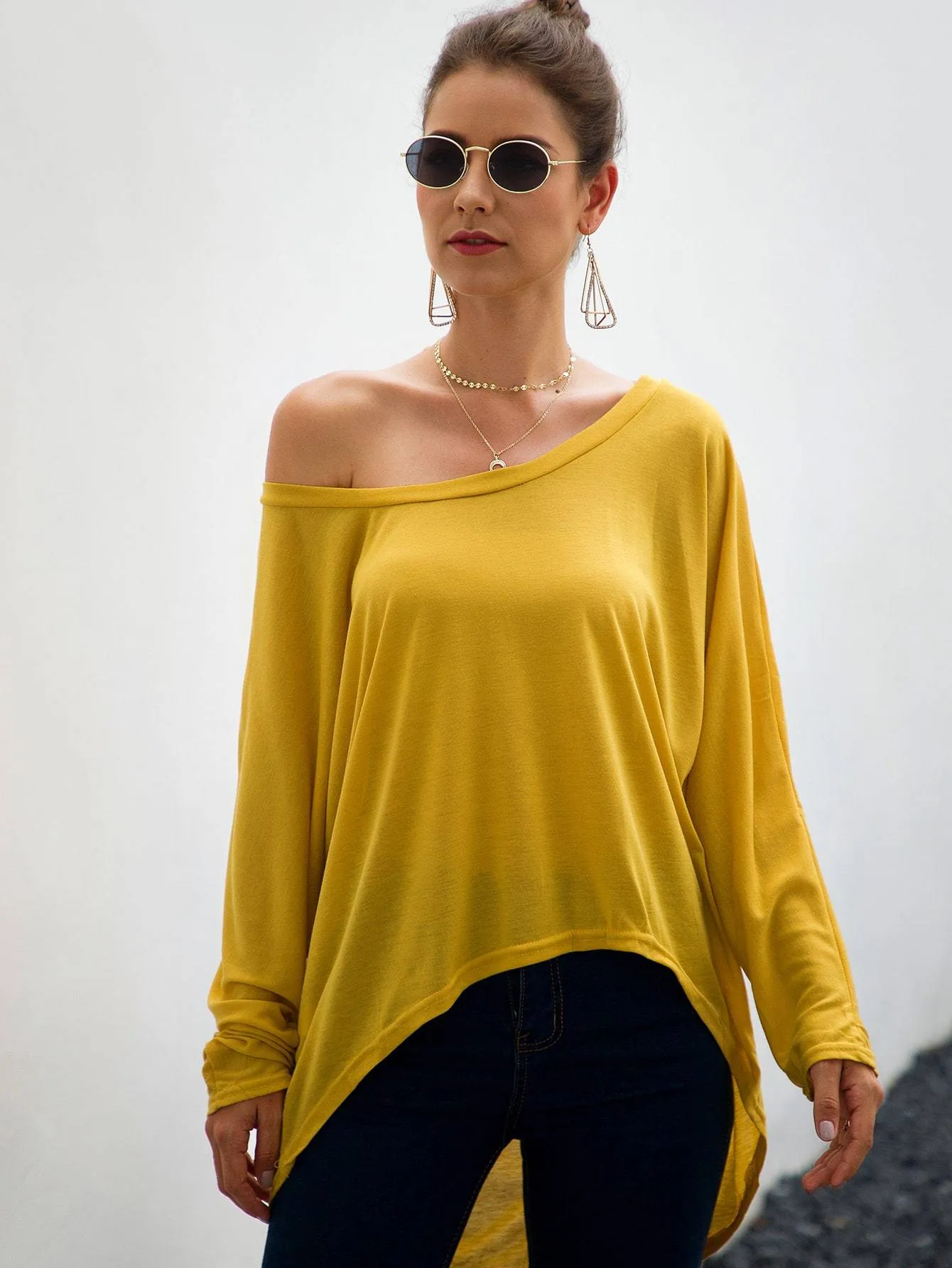 Batwing Sleeve High Low Solid Tee