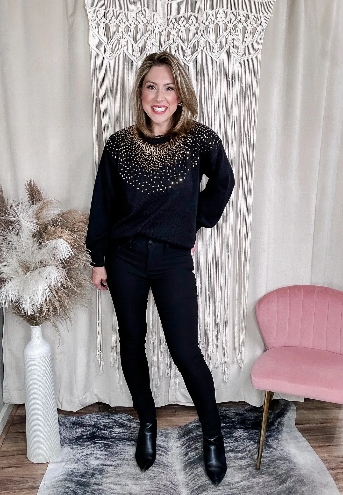 Black Bubble Sleeve Sequin Sweater