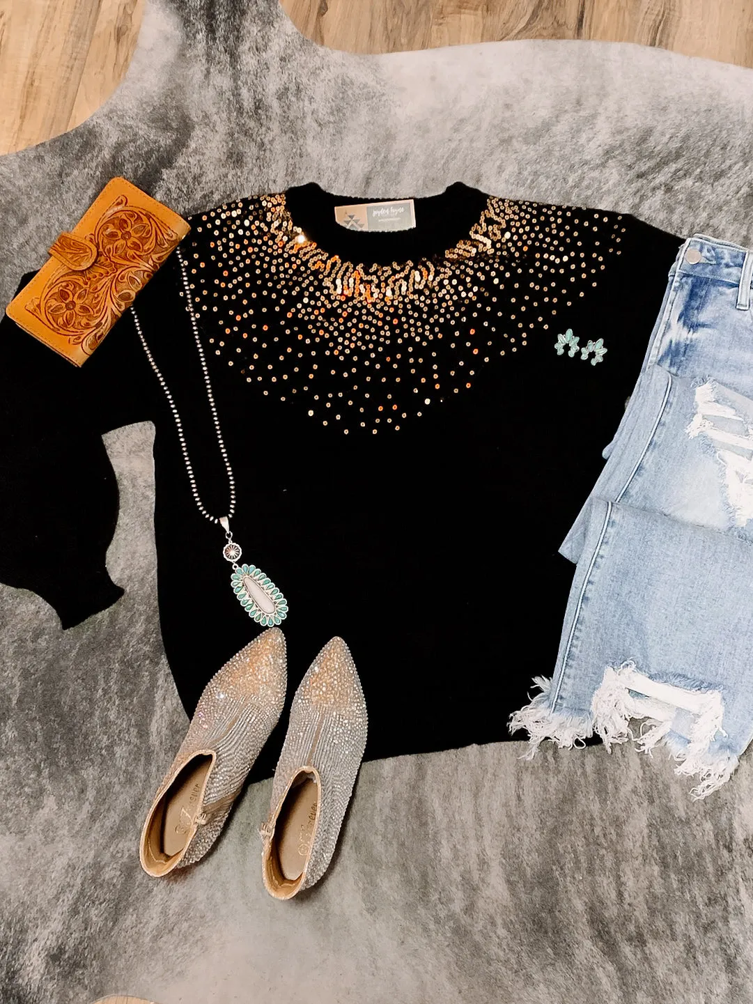 Black Bubble Sleeve Sequin Sweater