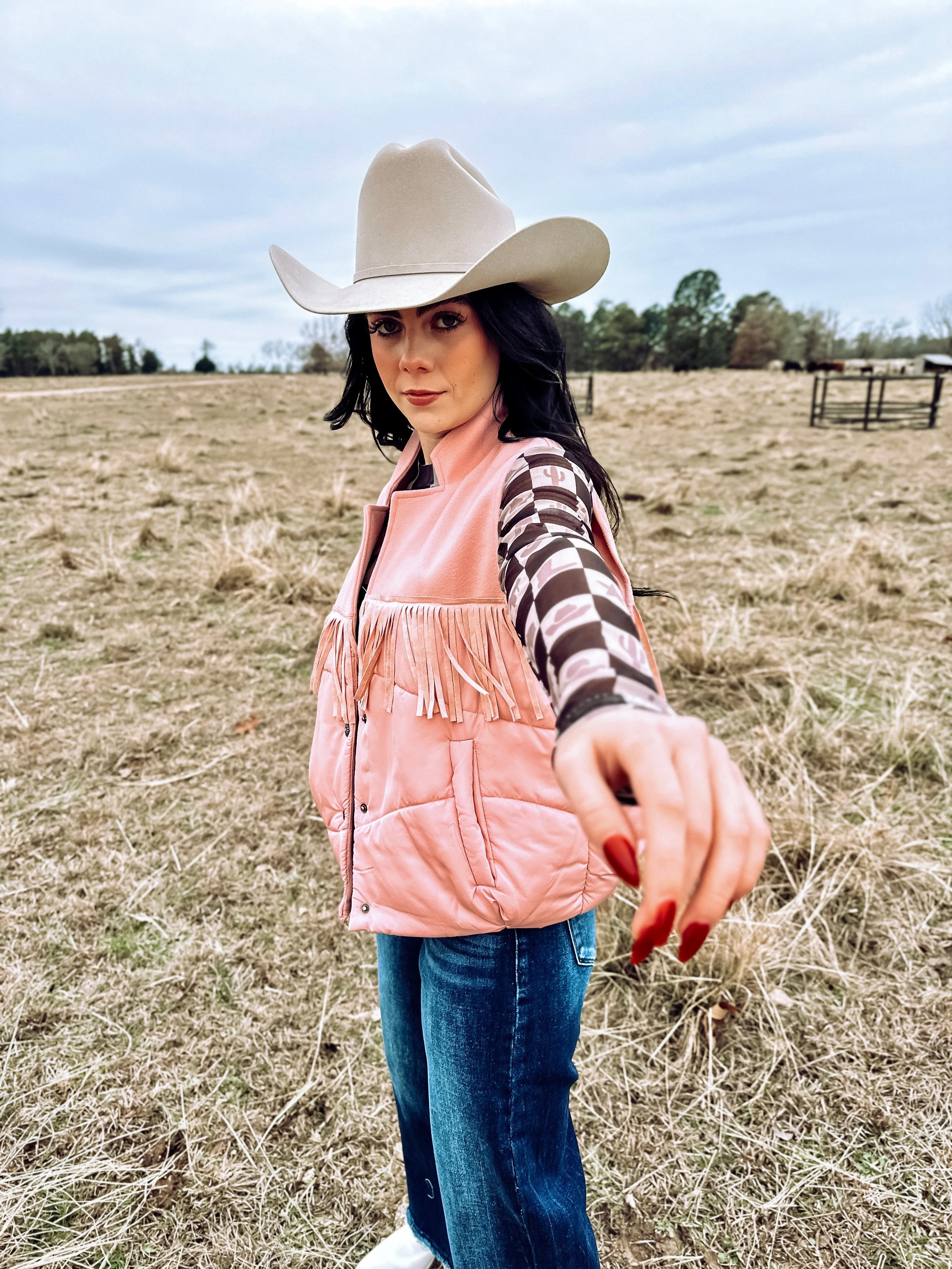 Blush fringe puffer vest