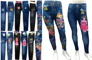 girls denim cartoon print leggings Case of 48