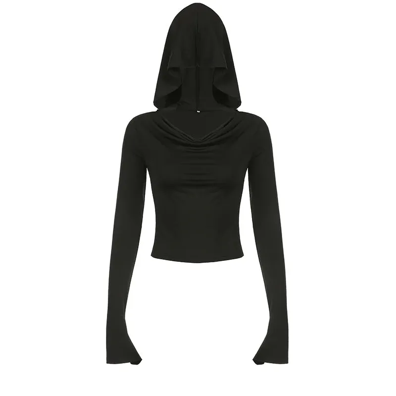 Long Sleeve Black Hooded Fitness Autumn Tee Shirts Slim Basic Casual Female T-shirts Swinging Collar Elegant Top Goth