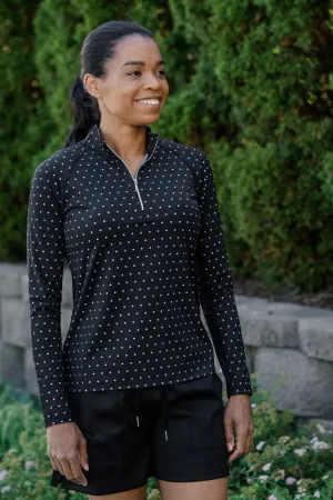 Long Sleeve Polka-dot Scallop Collar Sun Shirt- Black with Tan Dot