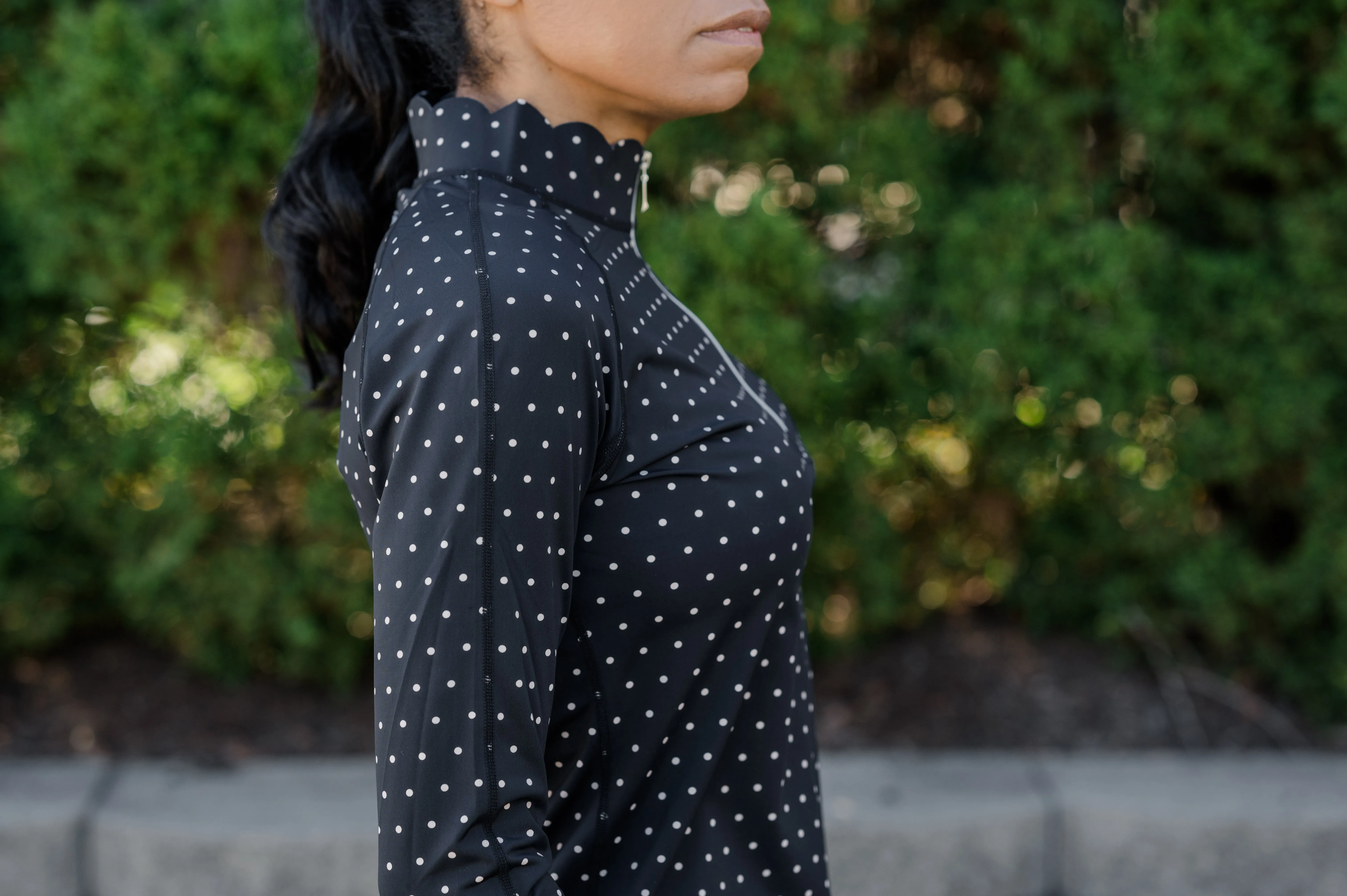 Long Sleeve Polka-dot Scallop Collar Sun Shirt- Black with Tan Dot