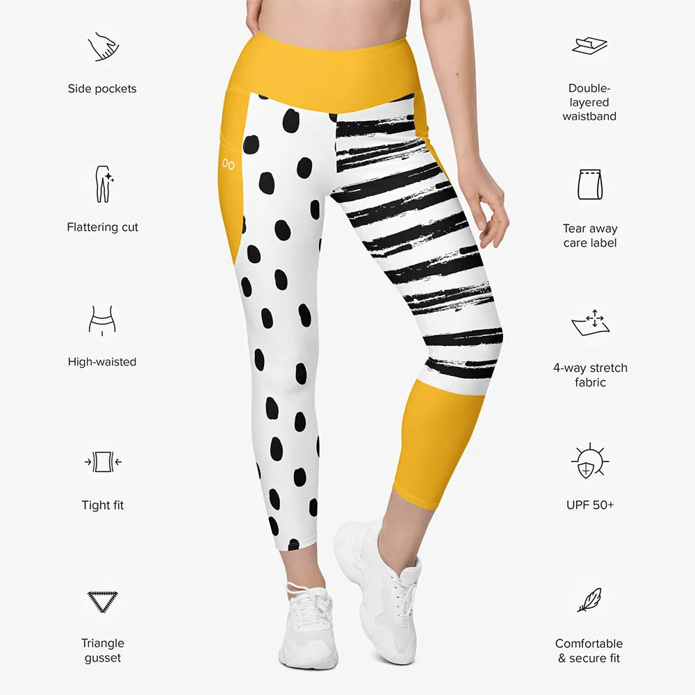 Recycled Printed Leggings "Dots&Stripes" Yellow with pockets