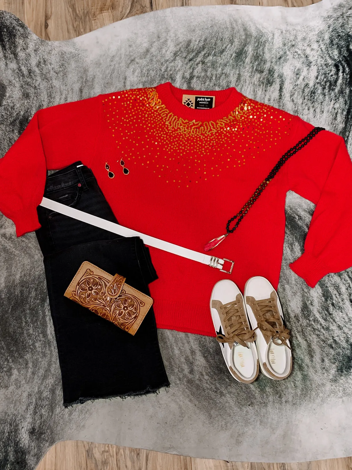 Red Bubble Sleeve Sequin Sweater