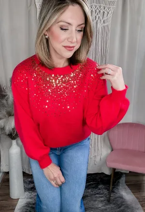 Red Bubble Sleeve Sequin Sweater