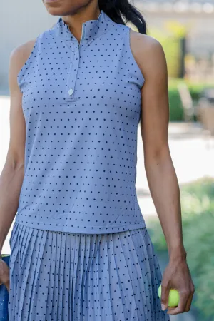 Sleeveless Polka-dot Scallop Collar Sun Shirt- Bright Blue with Navy Dot