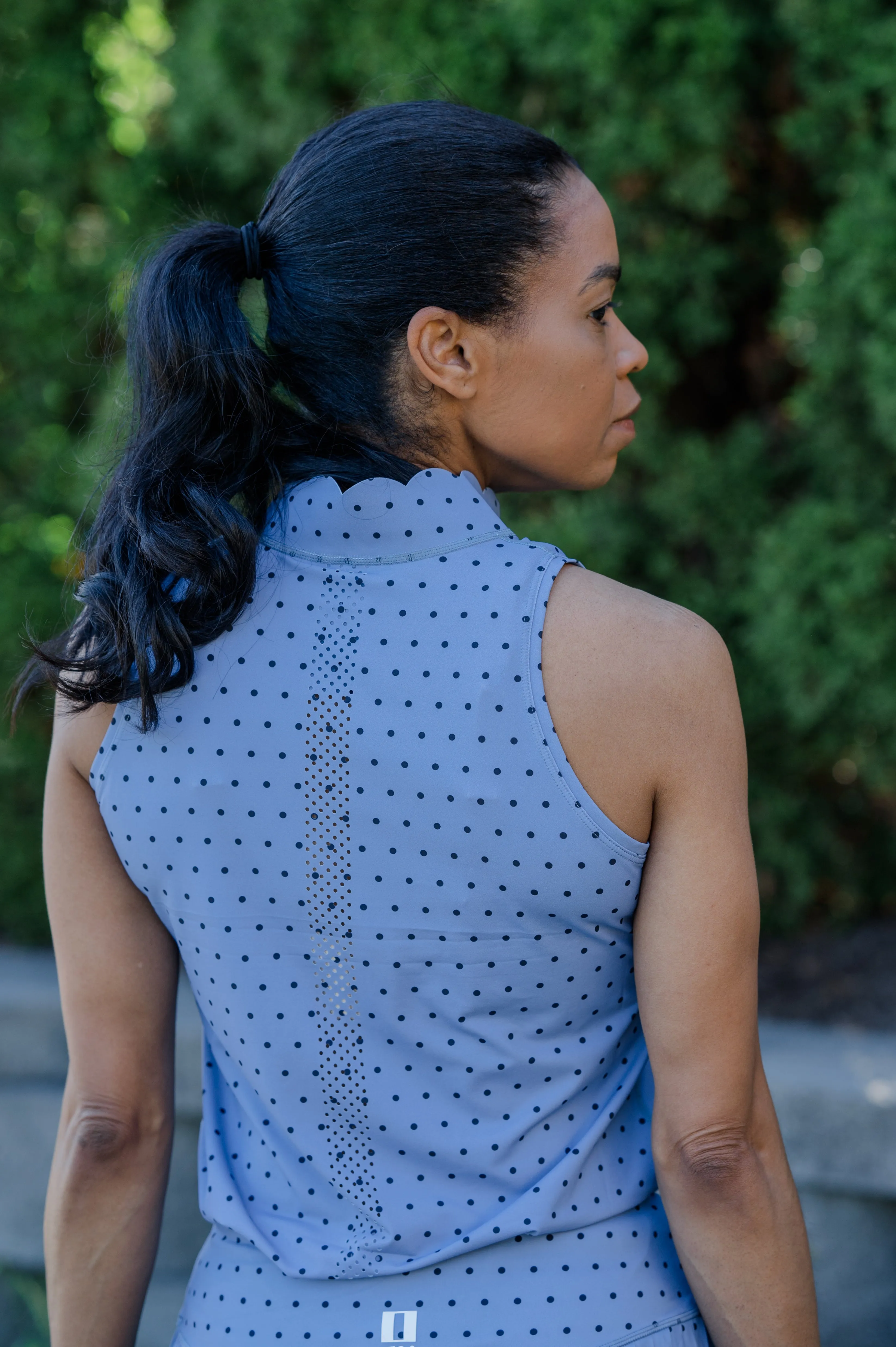 Sleeveless Polka-dot Scallop Collar Sun Shirt- Bright Blue with Navy Dot