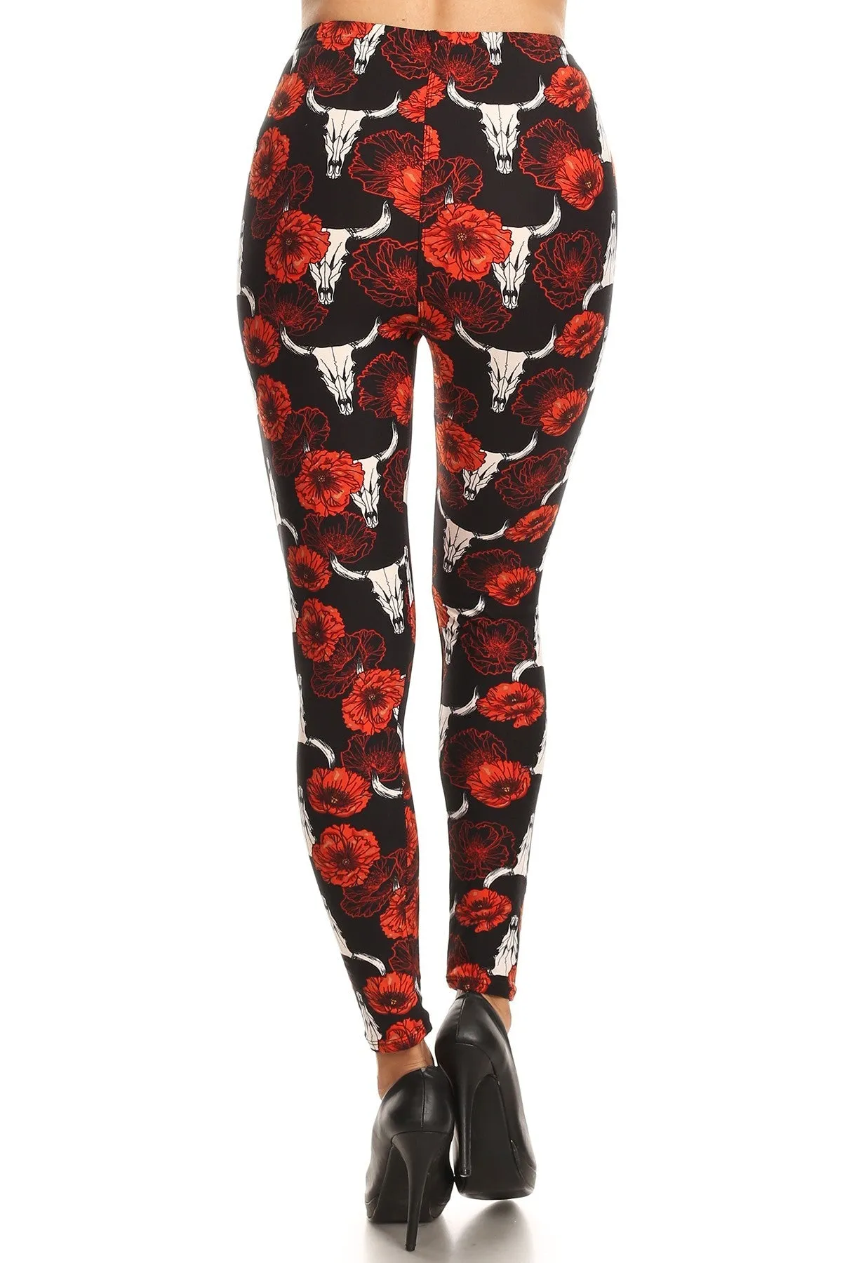 Women's 3X 5X Flower Bull Skull Pattern Printed Leggings