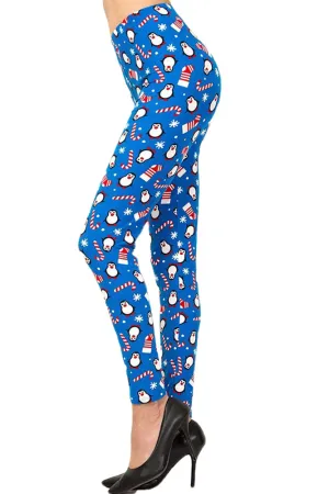 Women's Plus Christmas Cane Penguin Pattern Printed Leggings