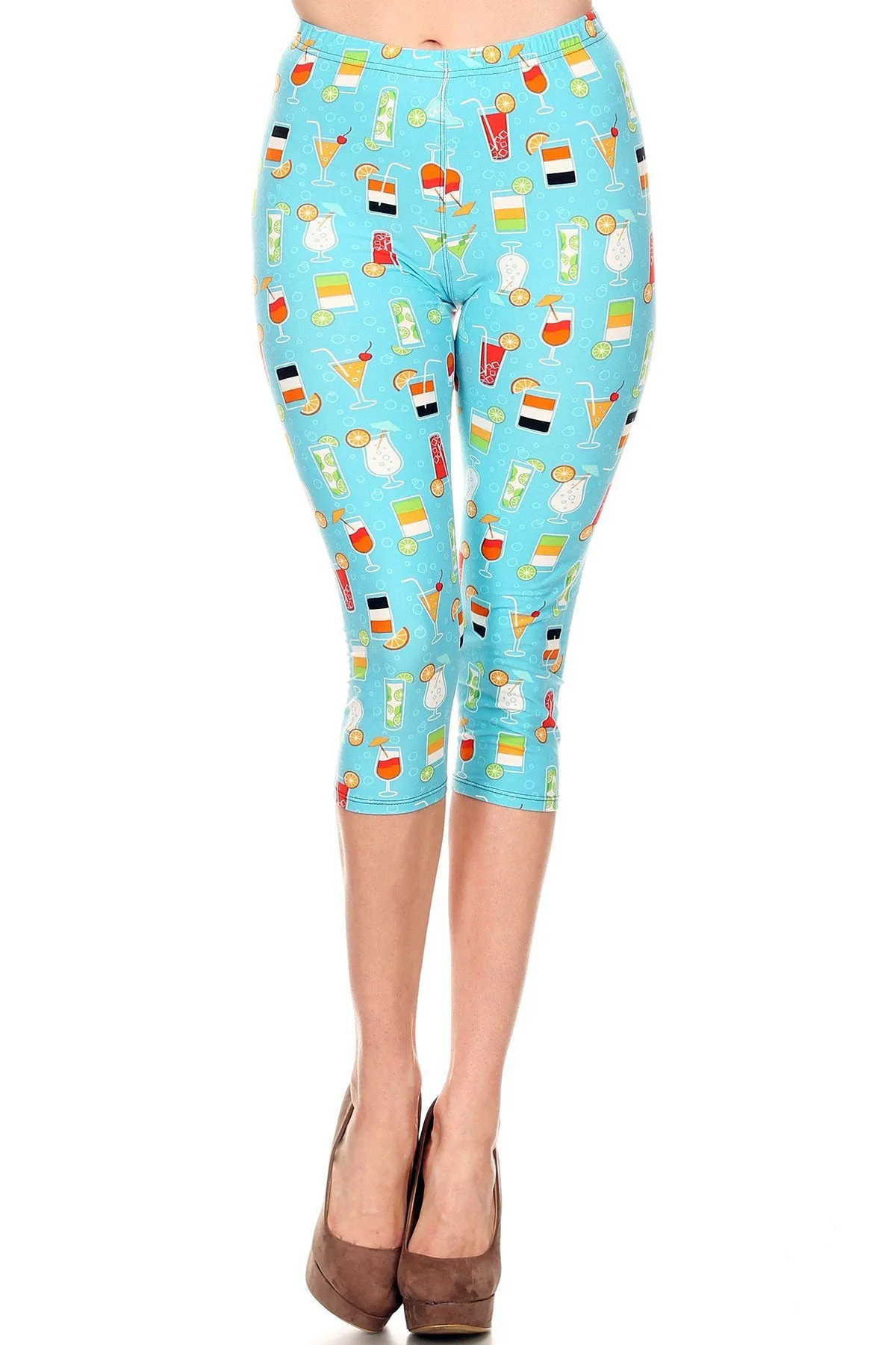 Women's Plus Colorful Cocktail Beverage Printed Cropped Capri Leggings