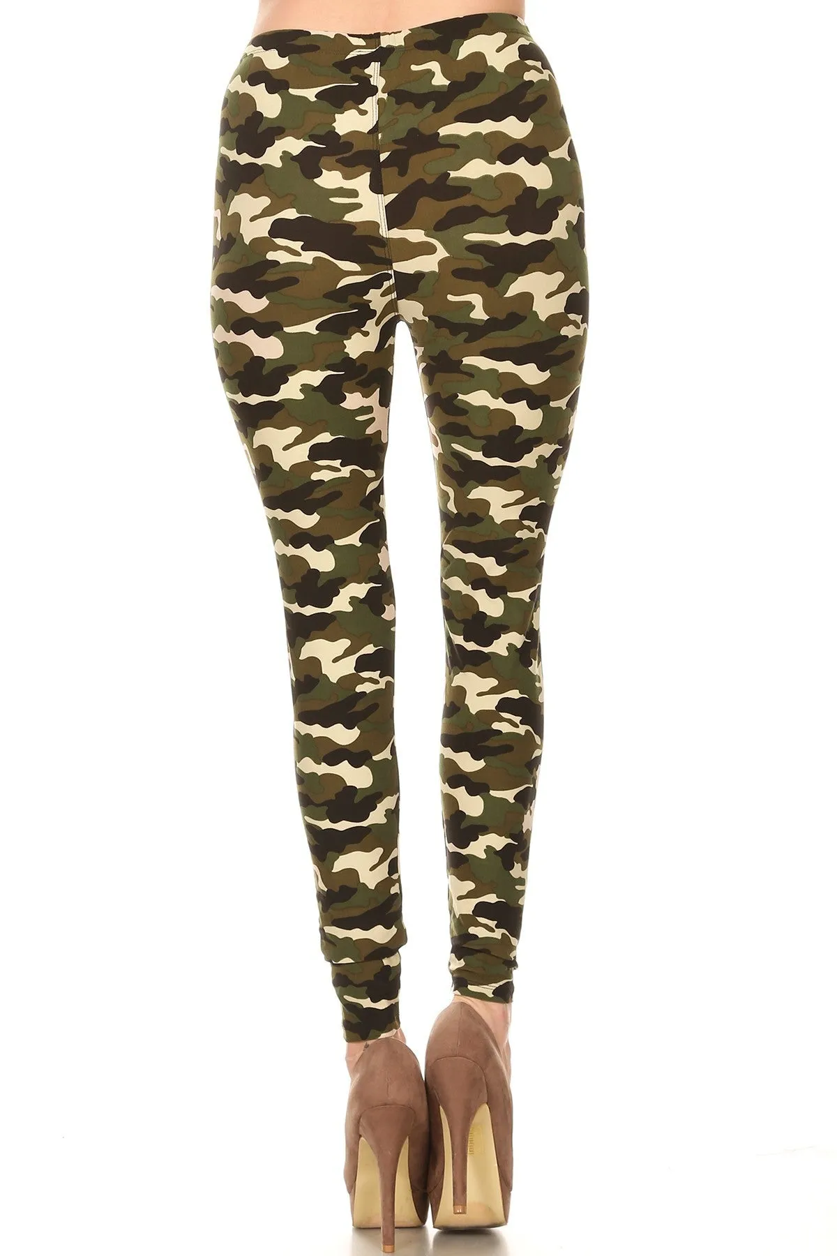 Women's Regular Camouflage Military Look Pattern Printed Leggings - Khaki Olive