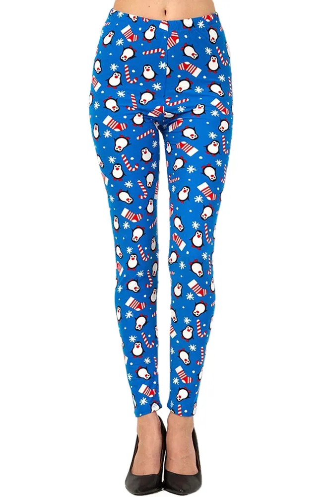 Women's Regular Christmas Cane Penguin Pattern Printed Leggings