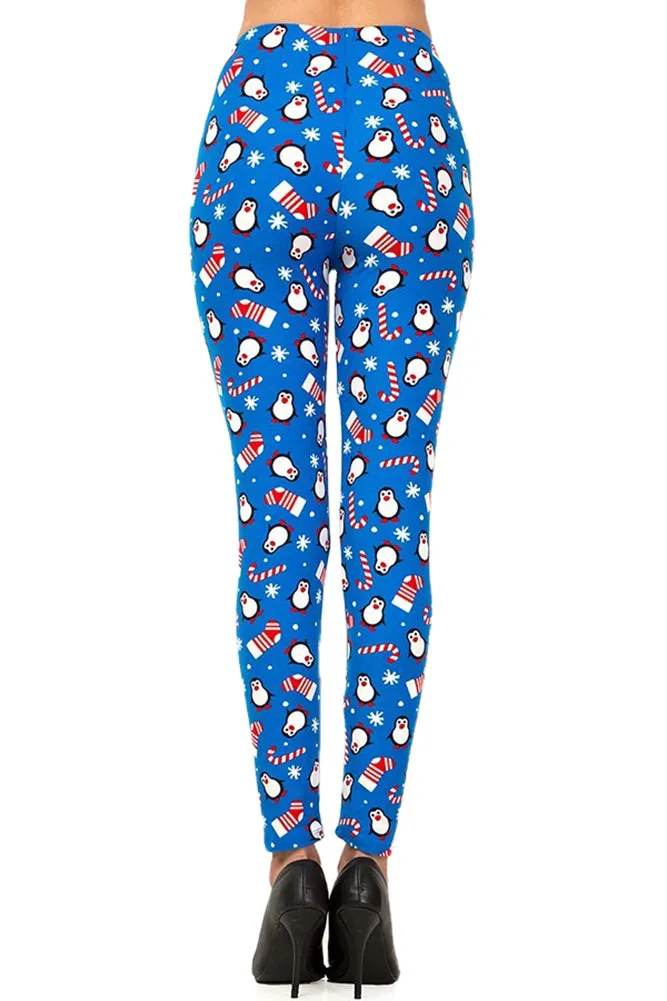 Women's Regular Christmas Cane Penguin Pattern Printed Leggings